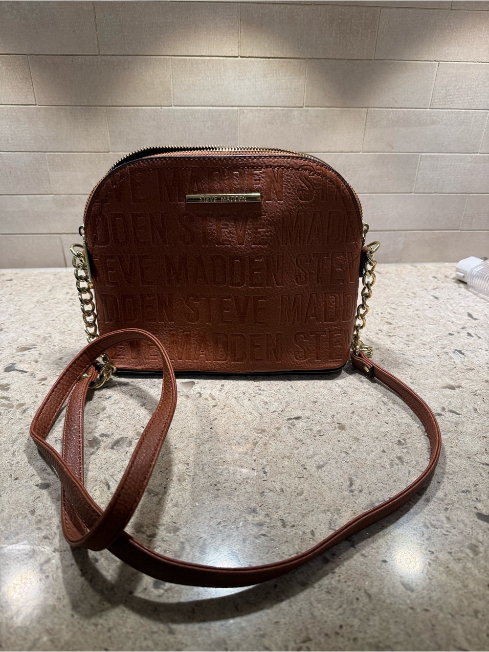 Steve Madden Chestnut Embossed Crossbody with Gold Chain